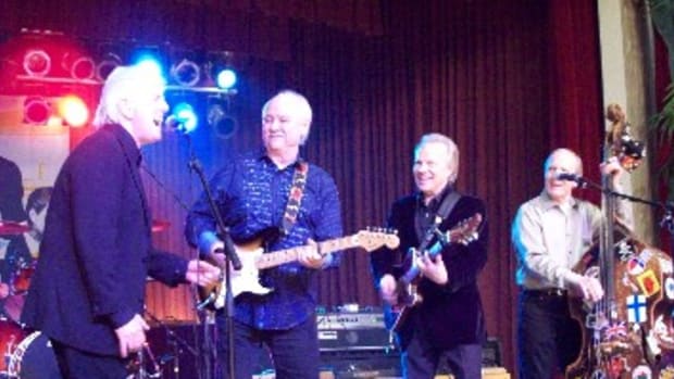 Graham Nash, The Crickets and Bobby Vee (third from the left) rock the night away in Clear Lake, Iowa, Feb. 2, 2009, at the "50 Winters Later" event honoring the 50th anniversary of the final Winter Dance Party show for Buddy Holly, Ritchie Valens and the Big Bopper, before the Feb. 3, 1959 plane crash that took their lives. (Craig Moore)