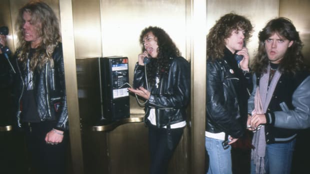 METALLICA in 1986, left to right, James Hetfield, Kirk Hammett, Jason Newsted and Lars Ulrich (Frank White/Frank White Agency).