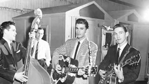 GUITARIST JAMES BURTON (right) and bassist James Kirkland (left) collaborated with Ricky Nelson (center) as part of Nelson’s backing group on “The Adventures of Ozzie and Harriet.” Photo courtesy Bear Family records