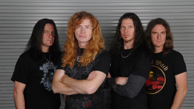Megadeth 2010 (left to right): Shawn Drover (drums), Dave Mustaine (guitar, vocals), Chris Broderick (guitar), and David Ellefson (bass). Photo by Stephanie Cabral
