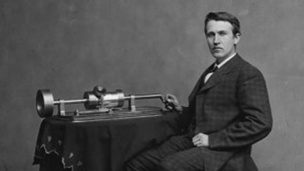 Thomas Edison with his phonograph, in this photograph taken by Matthew Brady in 1877
