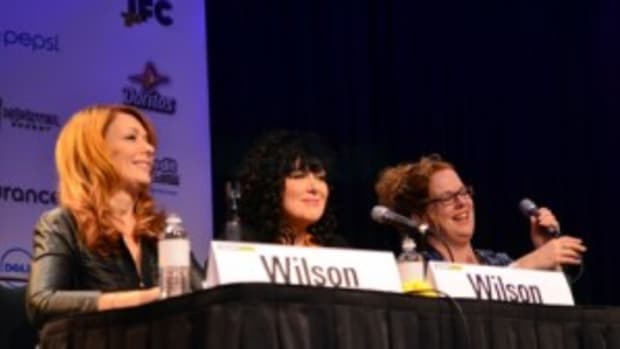 From left to right: Nancy Wilson, Ann Wilson and Ann Powers talk about Heart's career Thursday afternoon during South by Southwest. (Photo by Chris M. Junior)