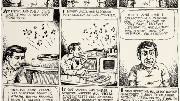  Robert Crumb American Splendor Complete 6-Page Story Original Art (Harvey Pekar, 1979). In "How I Quit Collecting Records and Put Out a Comic Book With the Money I Saved," we get a nice chunk of Harvey Pekar's life story, one that many collectors can relate to. Harvey was an obsessive collector of Jazz records, beginning when he was sixteen. With this story, beautifully illustrated by his longtime friend Robert Crumb, we see how his expensive obsession grew out of hand ("I had to think twice about buying a hamburger or going to a movie"), and the incident that brought it all to a head -- an attempt to steal albums from a radio station that went wrong. This story "brilliantly shows the versatility of Crumb's work," notes Graham Nash, who has owned these pages for years. It's truly one of the very best Crumb/Pekar collaborations, a classic story of its kind. The art is in ink on sheets from a pad of spiral-bound Bristol board, with an average image area of 8" x 12". Minor handling wear in the outer borders; overall Excellent condition. From the Graham Nash Collection. Image courtesy of Heritage Auctions.