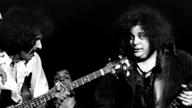 Felix Pappalardi and Leslie West performing together as Mountain, April, 1970 in San Francisco, California.
