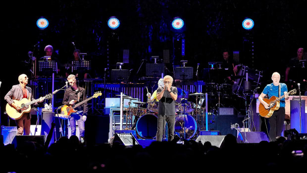  Some of The Who’s touring band are shown performing at New York City’s Madison Square Garden on Sunday, September 1st. They are (left to right) Simon Townshend, Jon Button, Zak Starkey, Roger Daltrey and Pete Townshend. (Carl Scheffel/MSG Photos)