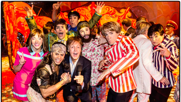 Sir Paul McCartney with the cast of "The Beatles LOVE by Cirque du Soleil," on July 14, 2016, celebrating the show's 10th anniversary. Photo by MJ Kim.