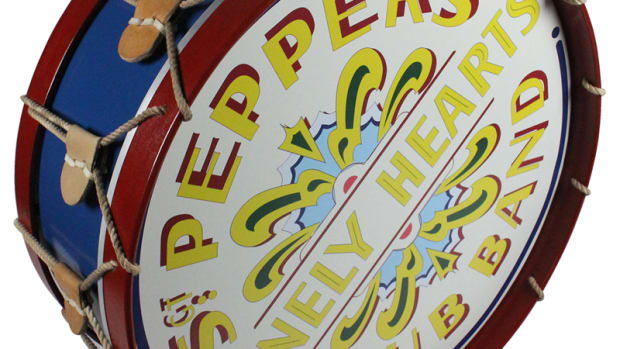  A custom-made, handcrafted replica drum that includes the artwork from the drum of the “Sgt. Pepper” album cover. Courtesy of Steiner Sports.