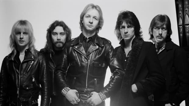 Judas Priest posed for this group shot in London in February 1980. L-R, K.K. Downing, Ian Hill, Rob Halford, Glenn Tipton and Dave Holland. Photo by Fin Costello/Redferns.