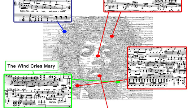 What musical notes make up a collage: Hayato Takano’s Jimi Hendrix portrait is composed using sheet music for, “Little Wing,” Voodoo Child (Slight Return)” and “The Wind Cries May” as well as “Purple Haze,” “Fire,” “All Along The Watchtower” and “Castles Made of Sand.”