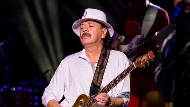 Carlos Santana performs at Pine Knob Music Theatre on July 05, 2022 in Clarkston, Michigan
