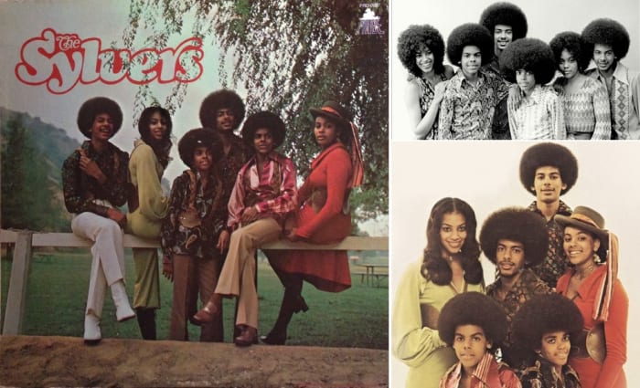 The Sylvers in their original 6-sibling configuration and their 1972 self-titled debut album (Pride/MGM).&nbsp;Publicity photo&nbsp;(upper right); photo from Wikipedia (lower right)