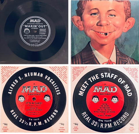 Examples of promotional, novelty Flexi-discs issued in special editions of MAD Magazine (circa 1960' and 1970's).&nbsp; Top left is a standard vinly sheet Flexi, and the remaining are examples of card-backed Flexi-discs. Photo credit: author