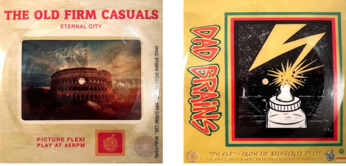 Two examples of Punk Flexi's for non-promotional retail sale: Old Firm Casuals (left / Flexi-disc only), and Dad Brains (right / Flexi and vinyl release) Photo credit: author