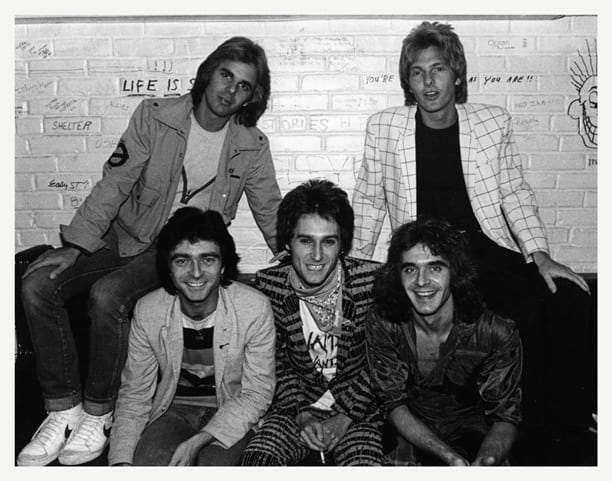 The Babys' second lineup, backstage on the "Union Jacks" tour in 1980. Photo courtesy Mark Perkins Collection.