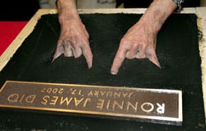 The Maloik cemented: The gesture that Dio popularized becomes part of the Hollywood RockWalk in Los Angeles in 2006. (AP Photo/Branimir Kvartuc).