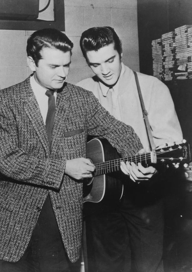 Sun Records' owner Sam Phillips and Elvis Presley hang out Dec. 4, 1956, the day of the Million Dollar Quartet jam session. Photo courtesy Sam Phillips/Peter Jones Productions/A&E.