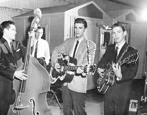 GUITARIST JAMES BURTON (right) and bassist James Kirkland (left) collaborated with Ricky Nelson (center) as part of Nelson’s backing group on “The Adventures of Ozzie and Harriet.” Photo courtesy Bear Family records