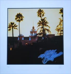 The iconic album art of "Hotel California." Print courtesy of www.rockpopgallery.com. © 1976, KOSH. All rights reserved.