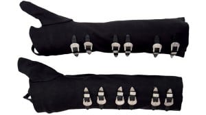 Pair of black spandex gloves covered with silver buckles that Jackson wore for the “Bad” album cover photo shoot