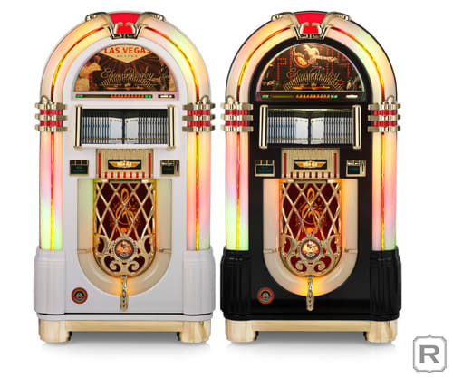 “Elvis Presley 60th Anniversary of Rock n’ Roll 1954-2014” jukeboxes come in two distinct finishes: either a piano-black or piano-white finish with a gold-colored metal trim and base. The jukeboxes are limited-edition items, as only 99 of each color variety were made. Photo courtesy of Rock-Ola.
