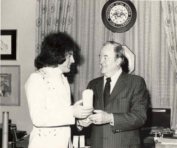 FROM POLITICIANS, including Hubert H. Humprhey (above), with whom James spent time on the campaign trail, to alleged mobsters, Tommy James has known his share of colorful people throughout his music career. Humphrey even wrote liner notes for “Crimson and Clover.” Photo courtesy Tommy James