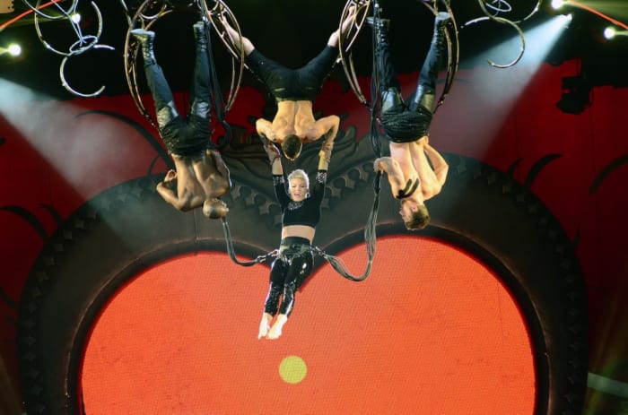 Pink sings "Raise Your Glass" from high above the stage during her Dec. 11 show at the Prudential Center in Newark, N.J. (Photo by Chris M. Junior)