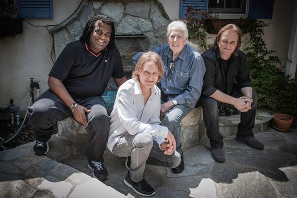 John Mayall and his current band (from left): Jay Davenport, Greg Rzab, Mayall and Rocky Athas. Photo by Maureen Clark.