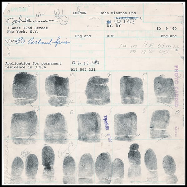 The FBI seized this John Lennon fingerprint card from Gotta Have It!, which had the piece for sale in its Rock & Roll Pop Culture Auction. Photo courtesy of Gotta Have It!