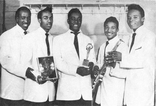 This rare photo of The Midnighters in 1955-56 shows members (from left) Henry Booth, Lawson Smith, Sonny Woods, Cal Green and Hank Ballard. Photo coutesy Rich & Eunice Tullmieri.