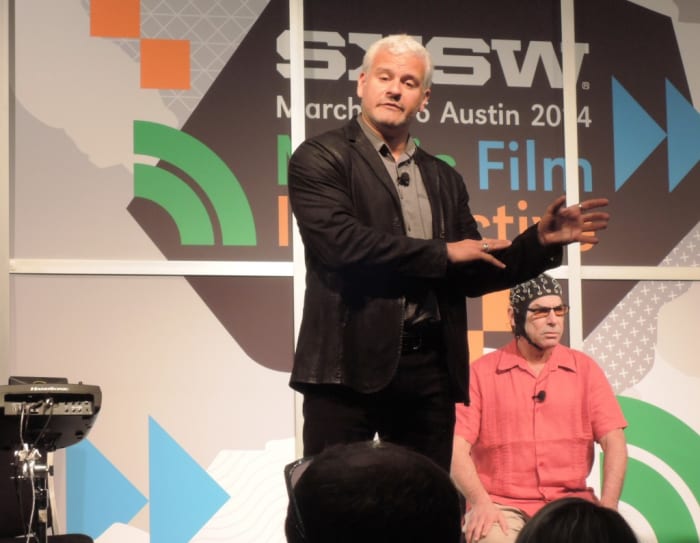 Dr. Adam Gazzaley and Mickey Hart during the South by Southwest panel "Rhythm and the Brain." (Photo by Chris M. Junior)