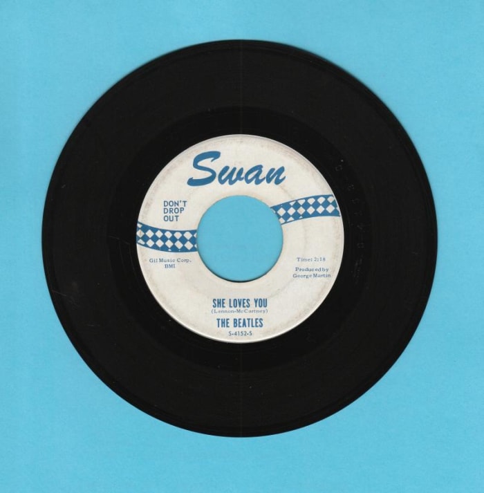 THE BEATLES are collector Gib Robbie’s favorite band. This Swan blue-and-white label 45 is a prized possession. Photo courtesy Gib Robbie .