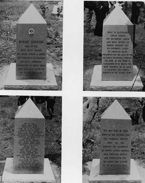 Robet Johnson memorial unveiled April 20, 1991 at Mt. Zion Missionary Baptist Church outside Morgan City, Mississippi, site of his burial as registered by the Death Certificate filed two days after his death on August 16, 1938. Photo by Hubert Worley, 1991. Courtesy of Columbia/Legacy