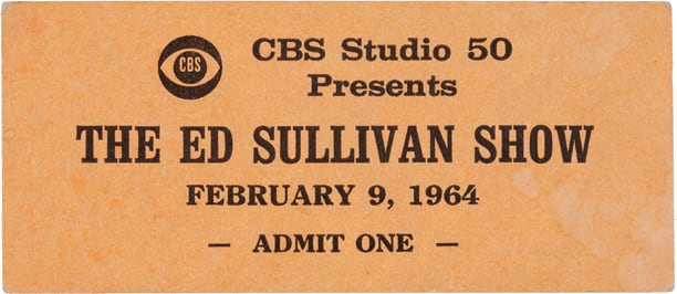 Beatles Ed Sullivan Show unused ticket Feb. 9, 1964