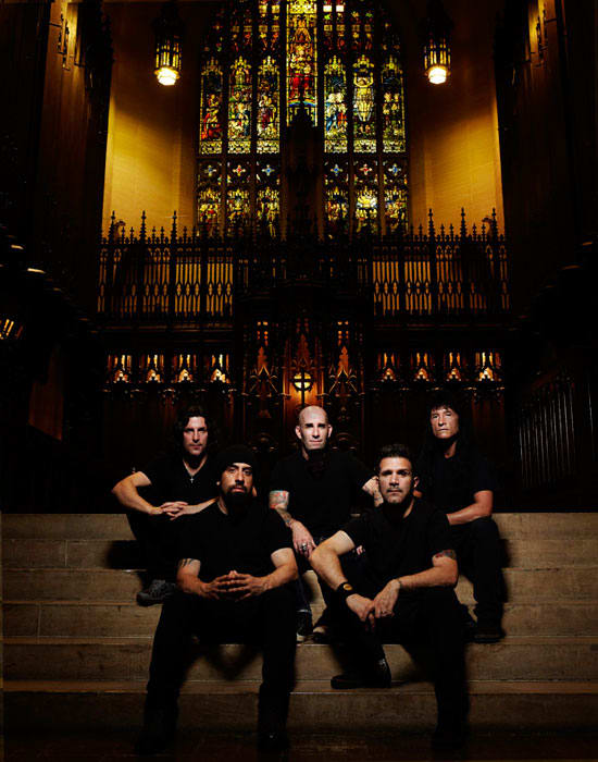LEFT TO RIGHT, back row: Frank Bello, Scott Ian, Joey Belladonna front row: Rob Caggiano, Charlie Benante PHOTO CREDIT: Matthew Rodgers