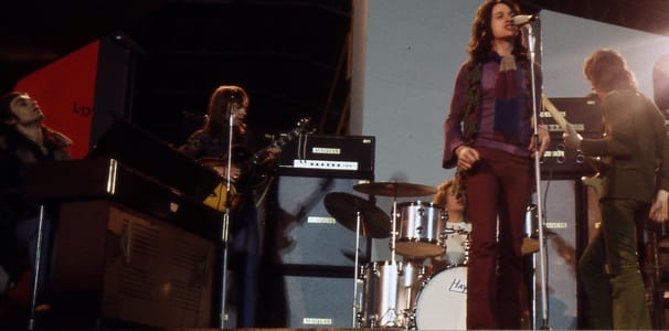 THIS VINTAGE YES PHOTO was taken at the Soesterberg Airbase, Holland, Jan. 9, 1971. Left to right: Tony Kaye, Steve Howe, Bill Bruford, Jon Anderson and Chris Squire. Laurens Van Houten/Frank White Photo Agency