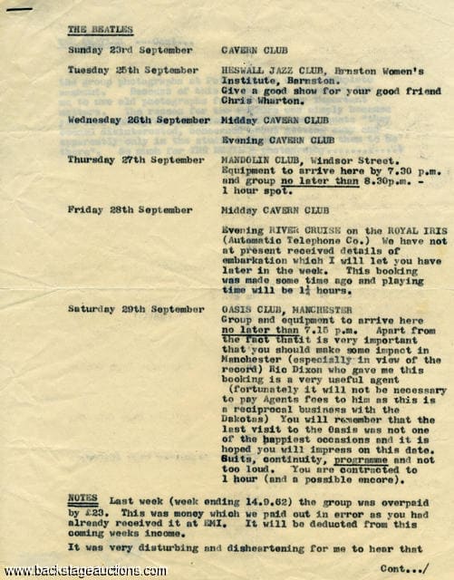 Beatles September 1962 itinerary