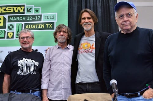 From left: David Hood, Spooner Oldham, Will McFarlane and Jimmy Johnson following the "Muscle Shoals Sound" panel. (Photo by Chris M. Junior)
