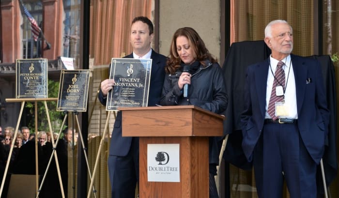 The children of Vince Montana Jr. speak on behalf of their father, who died in April at age 85. Montana helped set up the Sigma Sound recording studio, owned by engineer Joe Tarsia (at right). In addition, Montana played vibes as part of MFSB and was the conductor for the Salsoul Orchestra. (Photo by Chris M. Junior)
