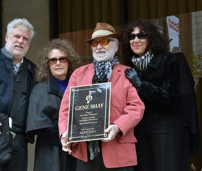 WXPN-FM air personality Gene Shay, who hosts a weekly folk show on the station, holds his replica plaque. With him are colleagues David Dye, Helen Leicht and Michaela Majoun. As a promoter, Shay was the first to bring Bob Dylan to Philadelphia. Shay is also the founder of the Philadelphia Folk Festival. (Photo by Chris M. Junior)