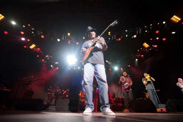 Carlos Santana plays a sold out show at the site of the 1969 Woodstock festival at Bethel Woods Center for the Arts. Photo courtesy of Michael Bloom for Bethel Woods.
