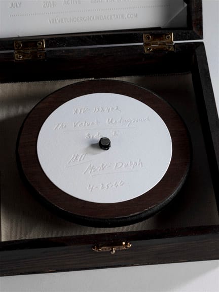 To commemorate the upcoming eBay auction of a 1966 test pressing of “The Velvet Underground With Nico,” Shuga Records and The Office of Johnston commissioned 55 walnut boxes containing wooden replica LPs complete with a reproduction letterpress print label, as well as a similarly-crafted receipt of authenticity tucked into the box’s lid that details the item and its sale history. Goldmine/Kris Kandler photo.