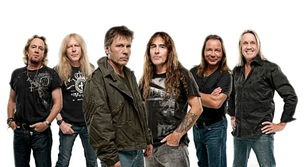 Iron Maiden (L to R) Adrian Smith, Janick Gers, Bruce Dickinson, Steve Harris, Dave Murray and Nico McBrain. Photo by John McMurtrie
