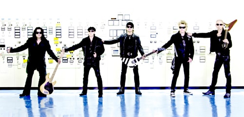 Currently, the Scorpions are (from left to right) Pavel Maciwoda on bass, Klaus Meine on vocals, Matthias Jabs on lead guitar, James Kottak on drums and Rudolf Schenker on ryhthm guitars. Photo by Marc Theis