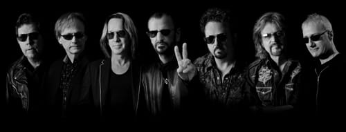 The current All-Starr band lineup (L to R): Warren Ham, Richard Page, Todd Rundgren, Ringo Starr, Steve Lukather, Gregg Rolie and Gregg Bissonette. © Rob Shanahan