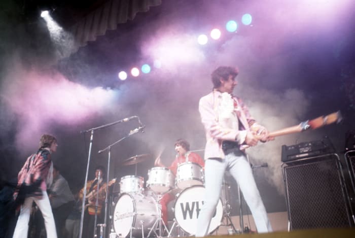 Singer Roger Daltrey, bassist John Entwistle, guitarist Pete Townshend and drummer Keith Moon of The Who perform on stage at the Monterey Pop Festival on June 18, 1967 in Monterey, California. Photo by Paul Ryan/Michael Ochs Archives/Getty Images.
