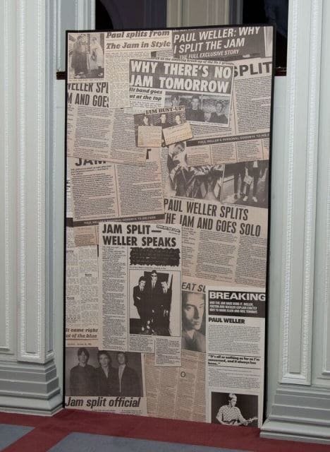 Blow ups of press clippings about The Jam’s 1982 split at the Liverpool exhibition. (Photo by Dean Fardell for Nicetime Productions)