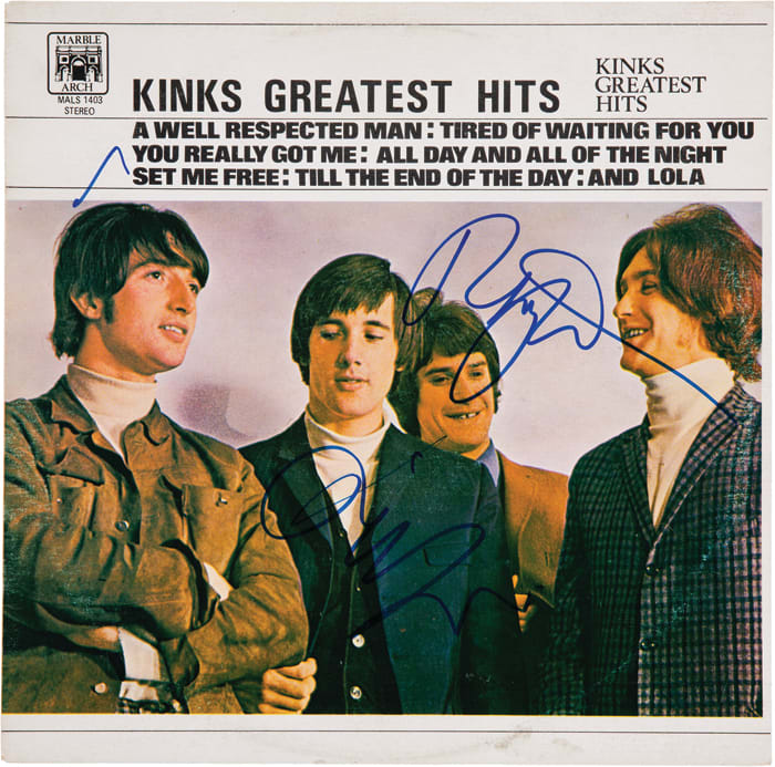 This album cover (minus the vinyl) of “Kinks Greatest Hits” (Marble Arch Records MALS 1403, Canadian, 1975) was signed by both Ray and Dave Davies and sold by Heritage Auctions this year for a cool $400. Photo image courtesy of HA.com.