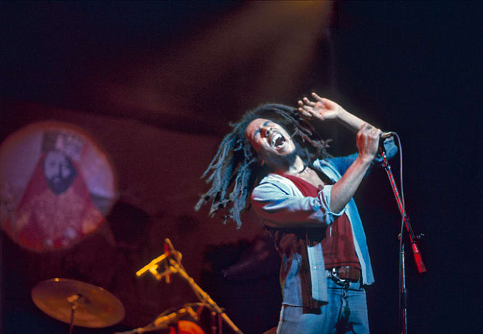 Bob Marley performing a memorable gig at London’s Rainbow Theatre in June 1977. Graham Wiltshire/Redferns