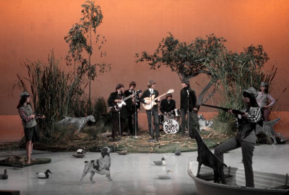 NEW YORK - NOVEMBER 1965: The Byrds (L-R David Crosby, Chris Hillman, Roger McGuinn, Michael Clarke and Gene Clark) perform on the NBC TV music show 'Hullabaloo' in November 1965 in New York City, New York. (Photo by Hullabaloo Archive/Michael Ochs Archives/Getty Images)