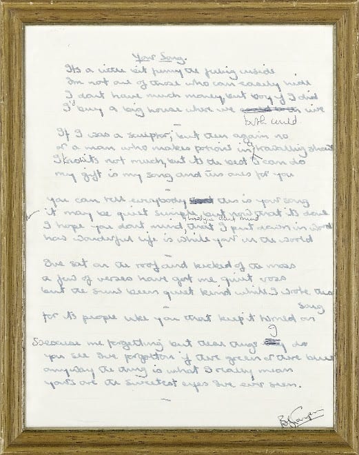 Original handwritten lyrics of "Your Song." From the private collection of Maxine Taupin. Courtesy of Bonhams.